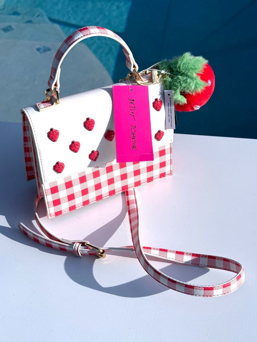 NEW Betsey Johnson Red & White Gingham Strawberry Crossbody Bag Strap & Charm